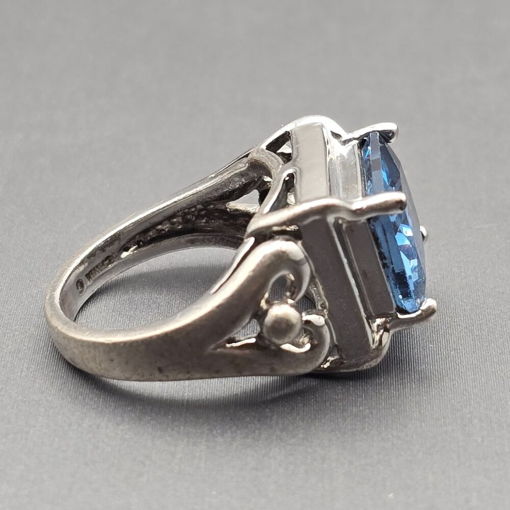 Sterling Silver Blue Sapphire Cathedral Ring Size 6 Scrolled Heart 7.43g Signed - Picture 6 of 13